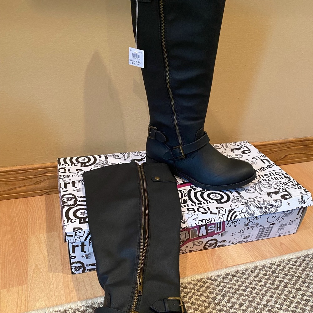 NWT Brash Tall Black Moto-Style Boots Size 7.5